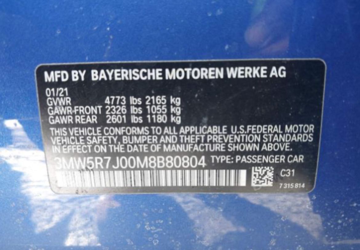 BMW 330Xi 2021 Blue vin: 3MW5R7J00M8B80804