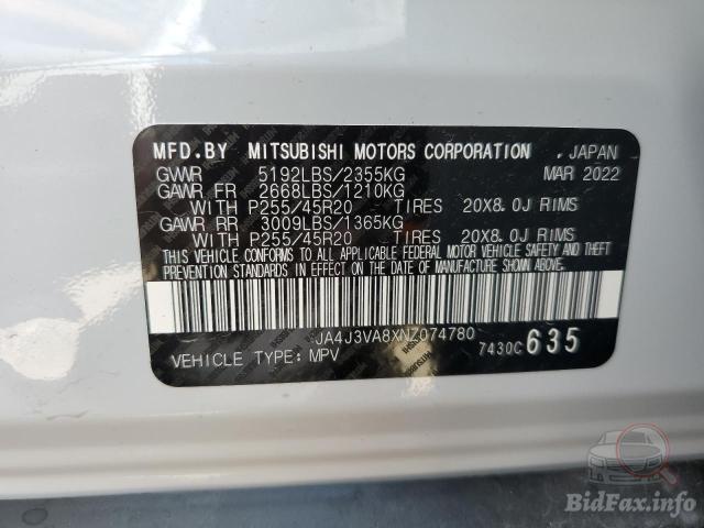 Mitsubishi Outlander 2022 White vin: JA4J3VA8XNZ074780
